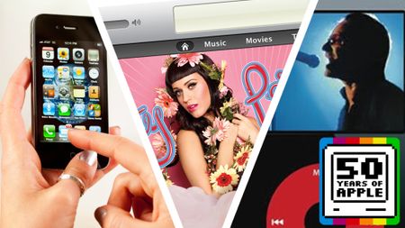 A hand holding an iPhone 4 next to an image of iTunes featuring Katy Perry next to a U2 iPod