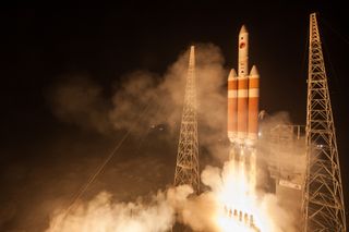 A United Launch Alliance Delta IV Heavy rocket launches NASA's Parker Solar Probe to the sun from Cape Canaveral Air Force Station, Florida on Aug. 12, 2018.