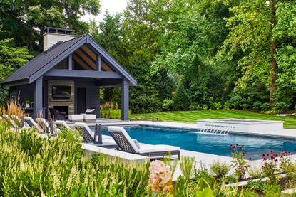 biggest gardening mistakes for the summer months; swimming pool and pool house in garden by Richardson & Associates Landscape Architecture 