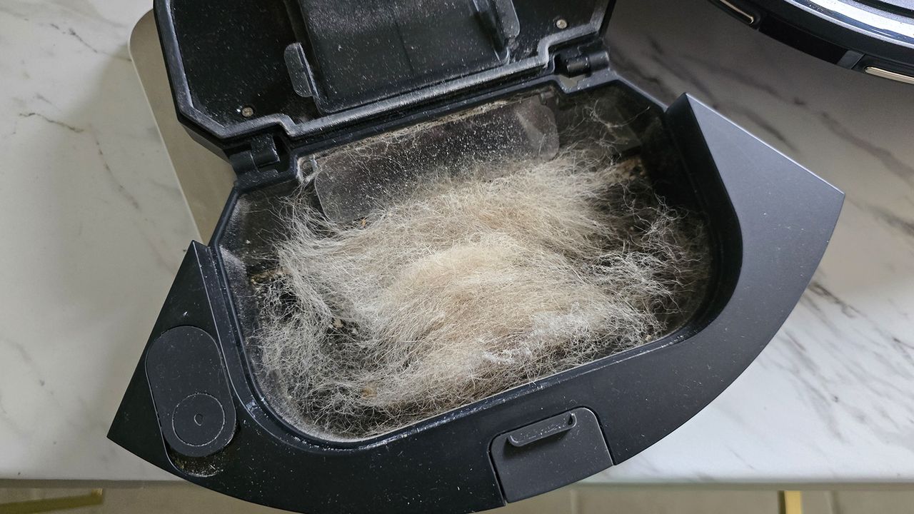 Roborock Q7 M5 bin full of pet hair