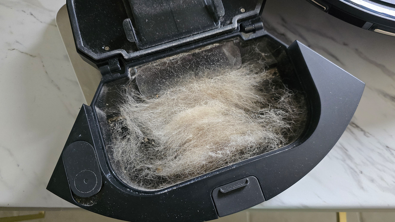 Roborock Q7 M5 bin full of pet hair