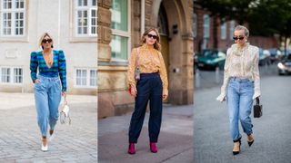 A composite of street style influencers showing how to style baggy jeans with a blouse