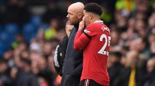 Erik ten Hag and Jadon Sancho at Manchester United in February 2023.