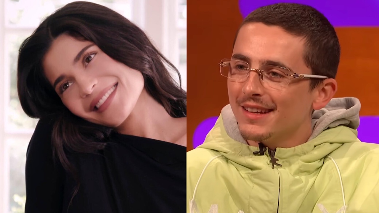 Kylie Jenner smiling in The Kardashians and Timothee Chalamet on The Graham Norton Show