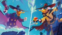 Darkwing Duck and Negaduck facing each other in a snowy environment, divided by a white line vertically across the middle of the frame