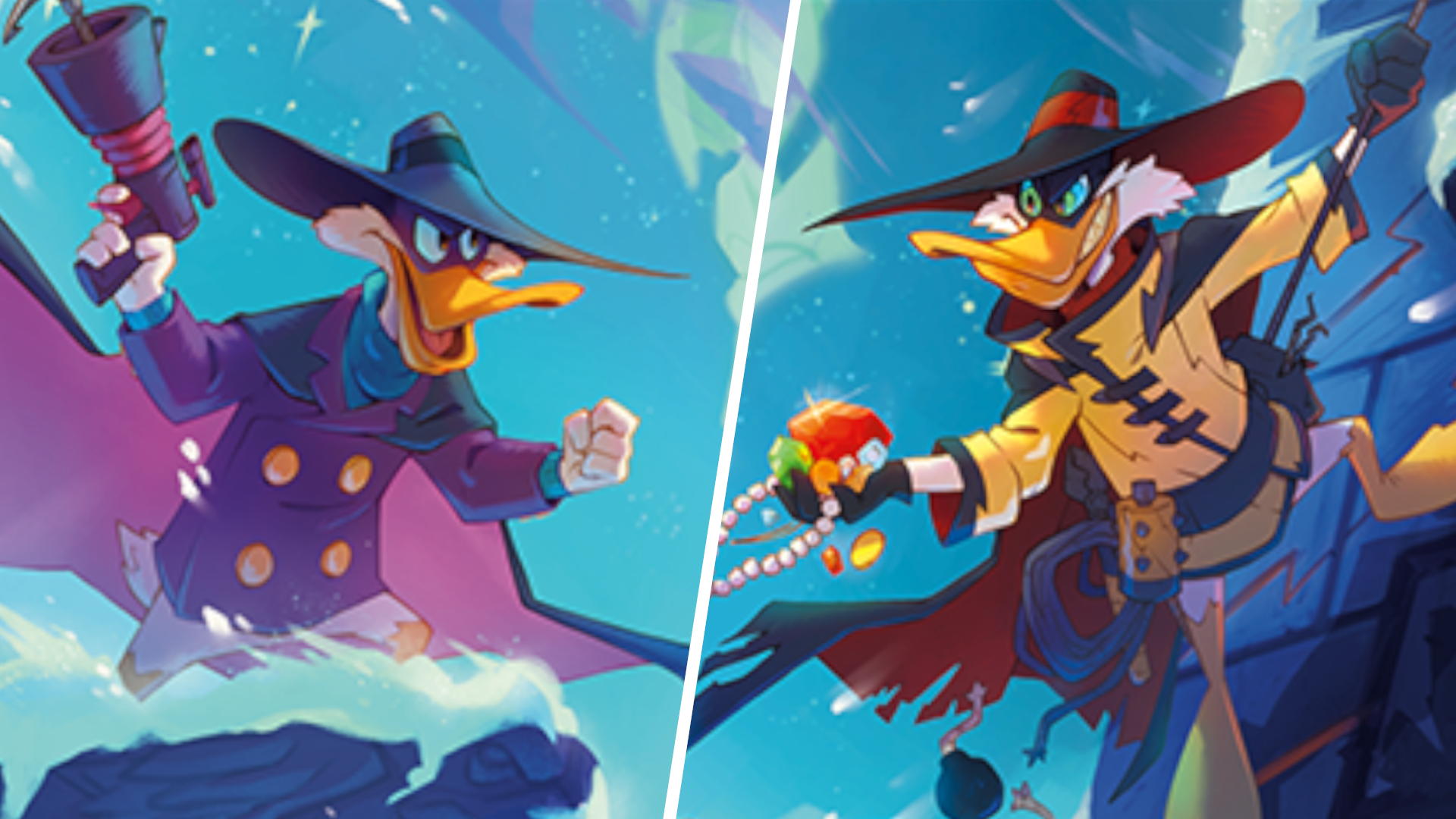 Darkwing Duck and Negaduck facing each other in a snowy environment, divided by a white line vertically across the middle of the frame