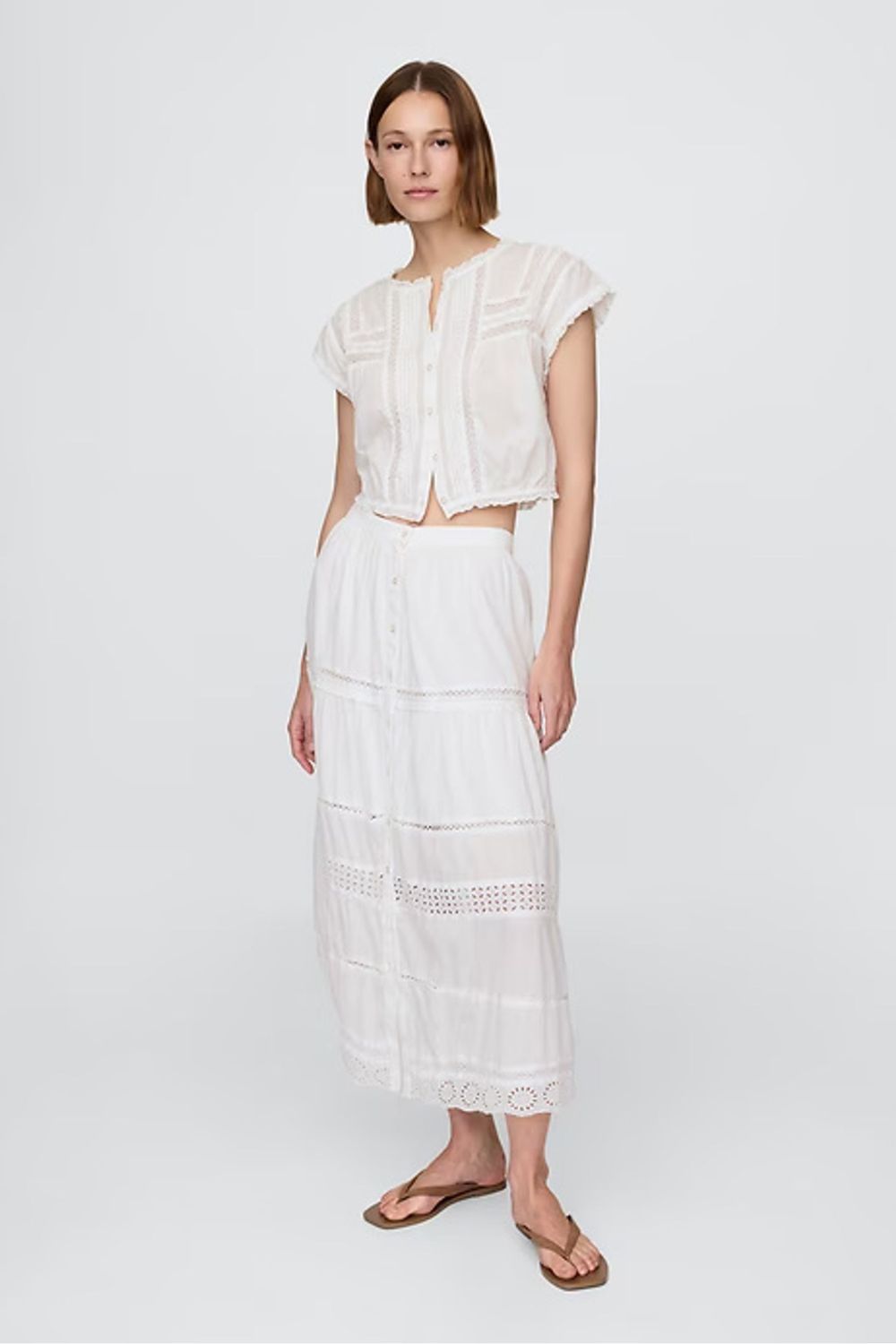 White Tiered Lace Trim Maxi Skirt