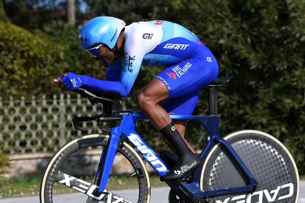 CAMAIORE ITALY MARCH 07 Tsgabu Gebremaryam Grmay of Ethiopia and Team BikeExchange Jayco sprints during the 57th TirrenoAdriatico 2022 Stage 1 a 139km individual time trial from Lido di Camaiore to Lido di Camaiore TirrenoAdriatico on March 07 2022 in Camaiore Italy Photo by Tim de WaeleGetty Images