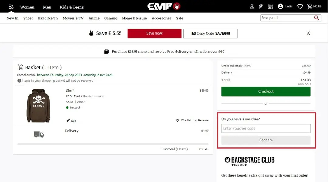 Screenshot of how to use the EMP discount code