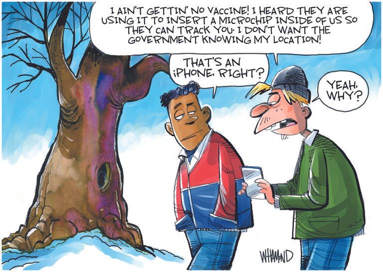 Editorial Cartoon U.S. covid vaccine conspiracy iphone