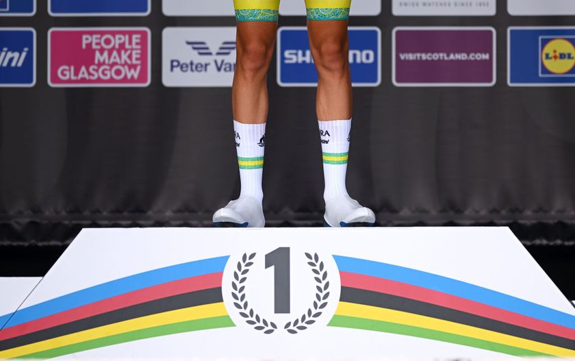 STIRLING, SCOTLAND - AUGUST 11: Detail view of the gold medalist Oscar Chamberlain of Australia during the medal ceremony after the Men Junior Individual Time Trial a 22.8km race from Stirling to Stirling at the 96th UCI Cycling World Championships Glasgow 2023, Day 9 / #UCIWT / on August 11, 2023 in Stirling, Scotland. (Photo by Dario Belingheri/Getty Images)