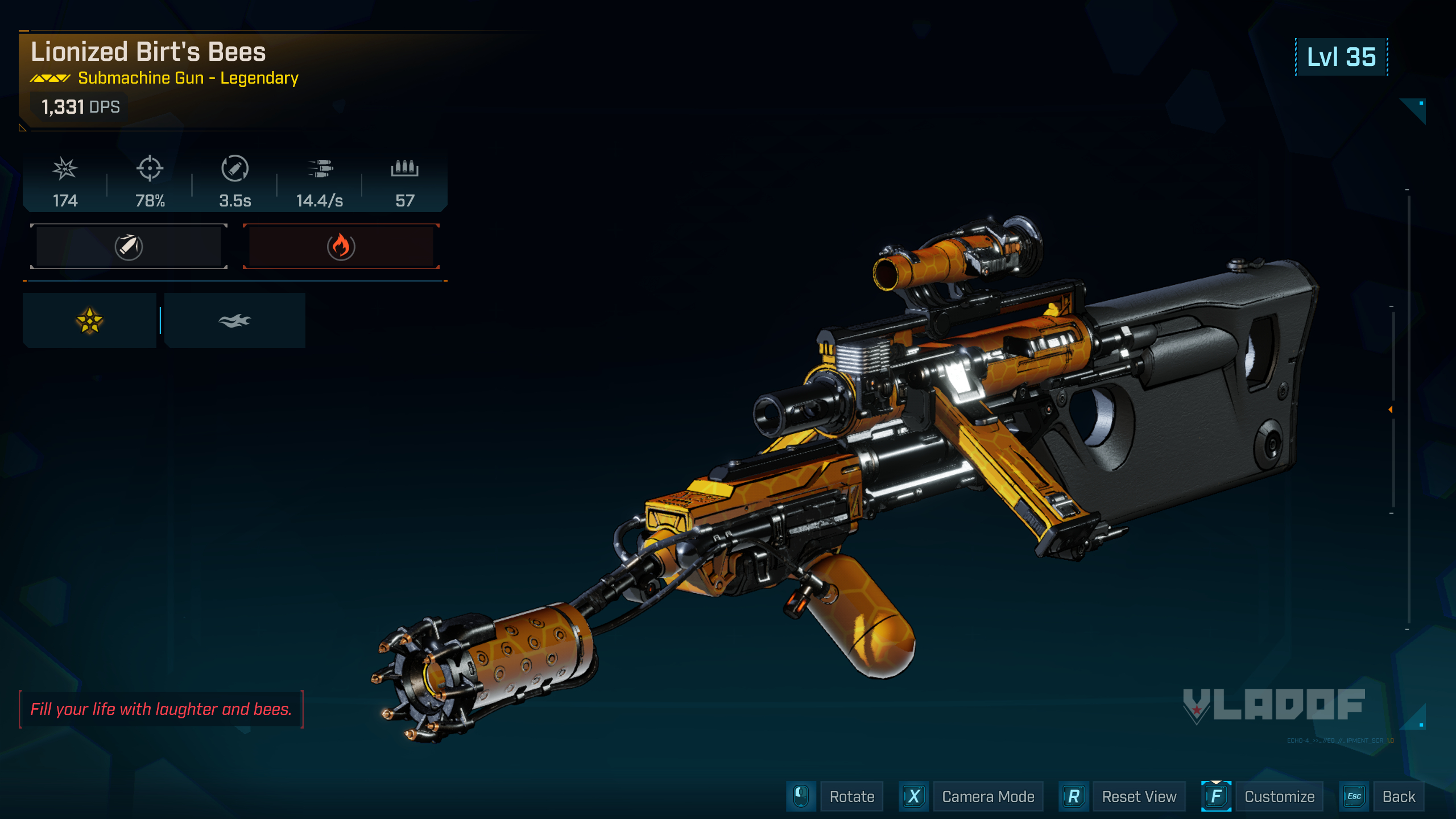  The Birt's Bees legendary SMG item card, showing its traits and design.