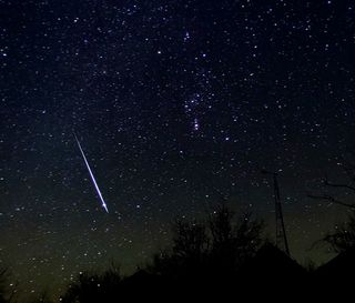 A fireball streaks across the sky in this photo by Alan Dyer of the 2004 Geminid meteor shower.