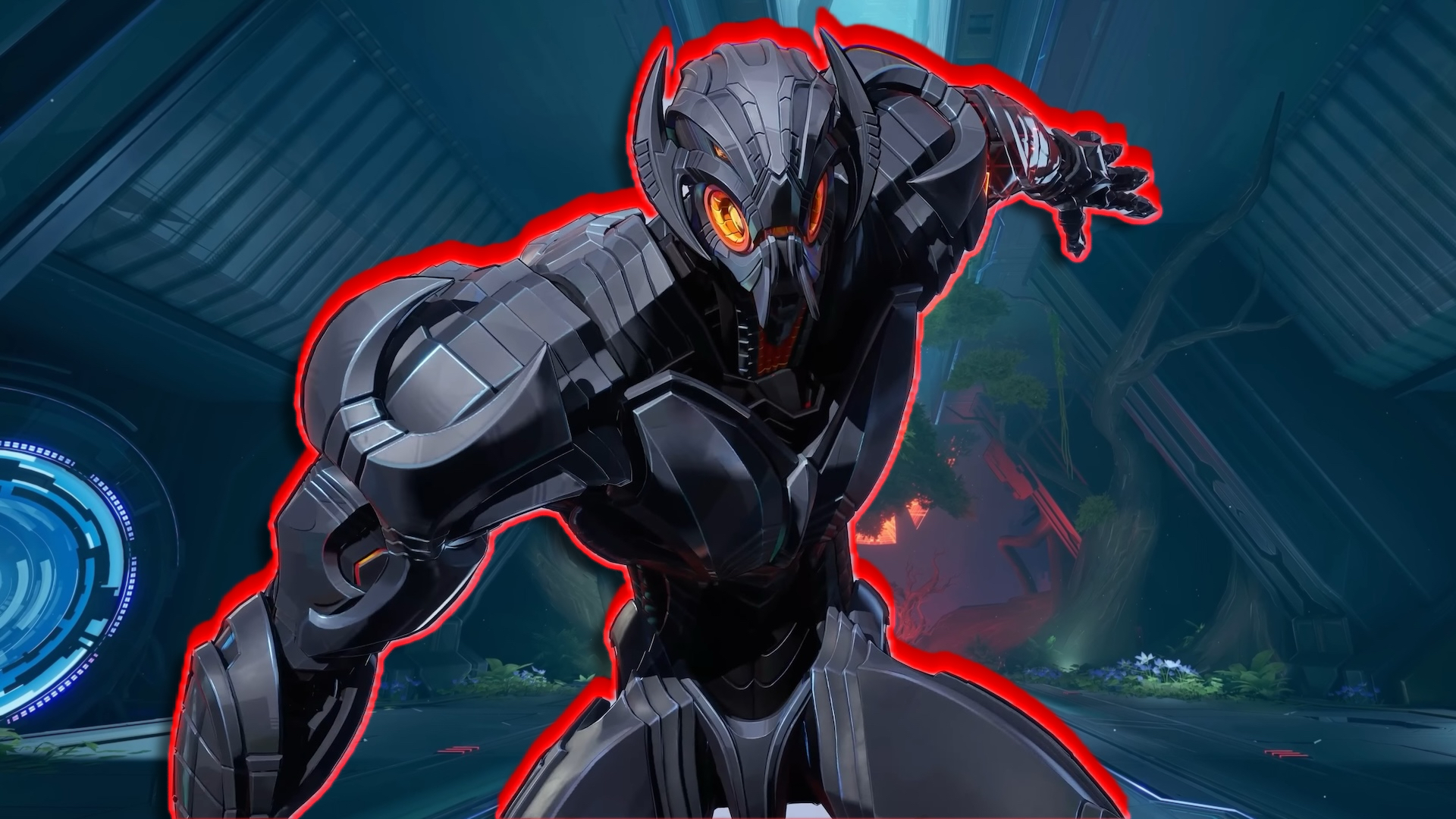 Ultron, with a red outline against a dark atrium background