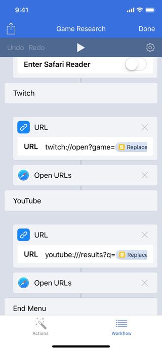 Screenshot of "Game Research" workflow showing more example URLs for Twitch and YouTube