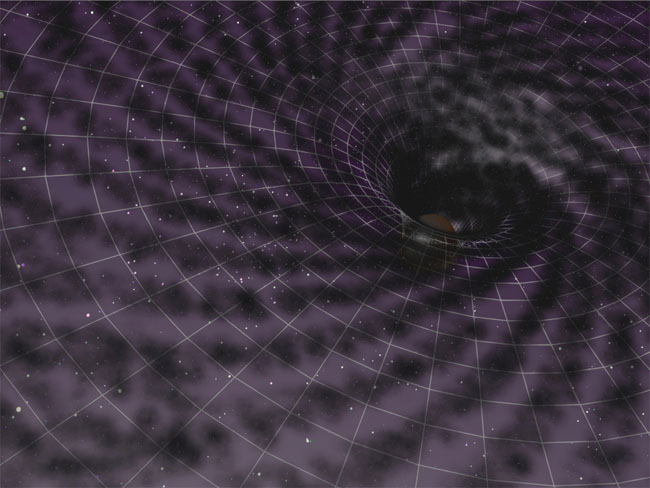 An artist&#039;s schematic impression of the distortion of space-time by a supermassive black hole. Smaller black holes are thought to be responsible for the distortions in space-time (known as gravitational waves) detected by the LIGO experiment.