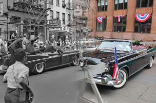 On the left, the Chrysler Imperial Parade Phaeton that carried the Apollo 11 crew through the streets of New York City in August 1969. On the right, a similar Chrysler with its roof removed and painted black for "Indiana Jones and the Dial of Destiny."