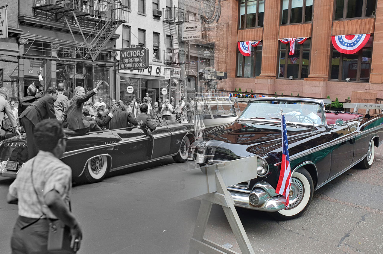 On the left, the Chrysler Imperial Parade Phaeton that carried the Apollo 11 crew through the streets of New York City in August 1969. On the right, a similar Chrysler with its roof removed and painted black for 