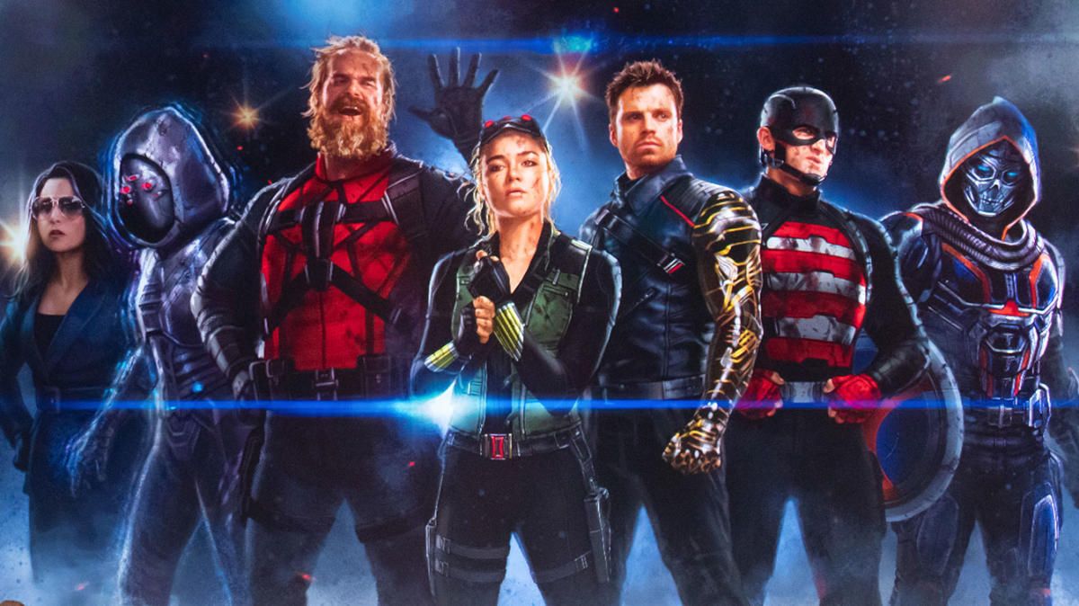 A piece of promotional art showing the cast of Marvel&#039;s Thunderbolts movie side by side