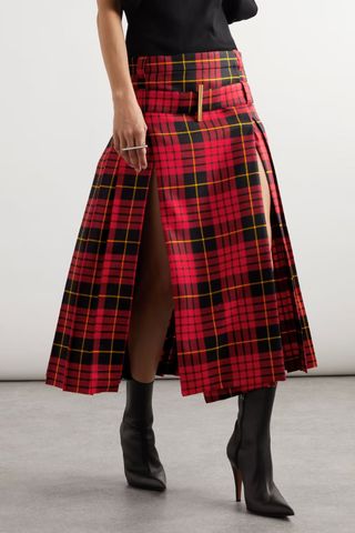 Alexander McQueen Belted pleated tartan wool midi skirt