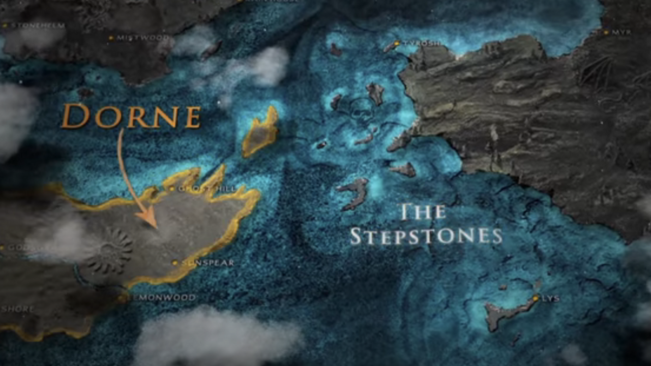 Dorne in map of Westeros from Game of Thrones video