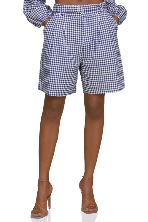 Gingham Belted Linen Blend Bermuda Shorts