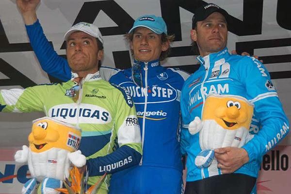 The podium (L to R): Luca Paolini (2nd), Filippo Pozzato (1st) and Alessandro Petacchi (3rd)