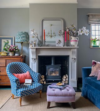 living room with grey walls in Victorian extension to Georgian home