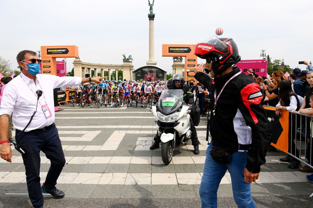 VISEGRAD HUNGARY MAY 06 Moto UCI regulators prior to the 105th Giro dItalia 2022 Stage 1 a 195km stage from Budapest to Visegrd 337m Giro WorldTour on May 06 2022 in Visegrad Hungary Photo by Tim de WaeleGetty Images