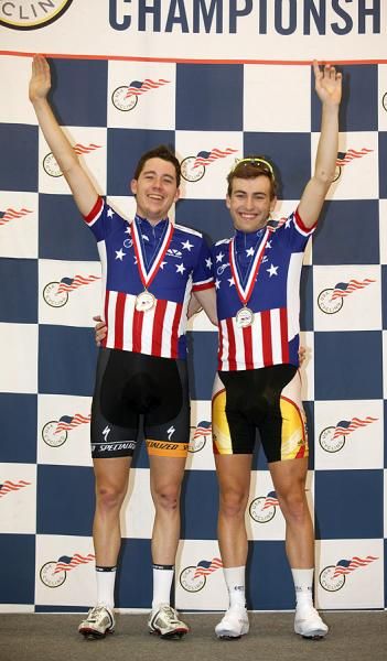 Danny Heeley and Ian Moir atop the Men's Madison Podium.