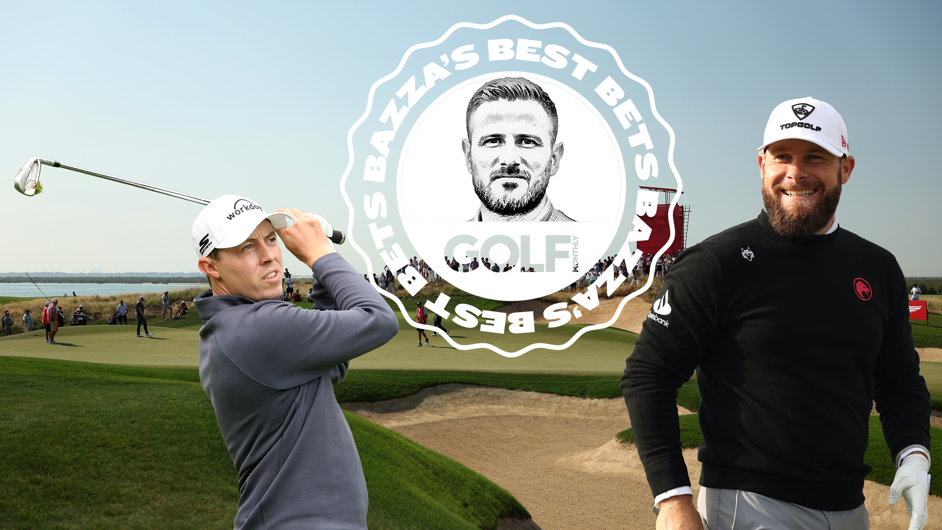 Yas Links, host venue of the Abu Dhabi HSBC Championship 2025, with inset images of Bazza&#039;s Best Bets Tyrrell Hatton and Matt Fitpatrick alongside the Bazza&#039;s Best Bets badge