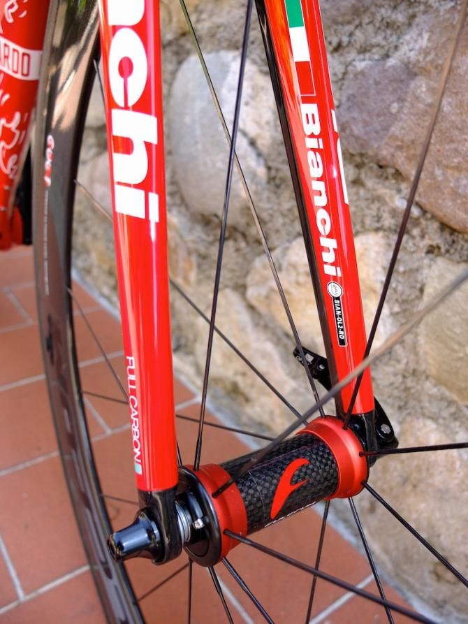 The tiny UCI-certified label near the fork dropout on the new bike