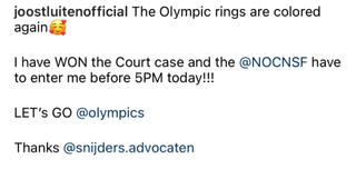 A screenshot of Joost Luiten's Instagram post regarding his successful court battle with the NOC