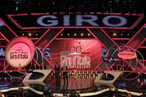 Stefano Garzelli is interviewed at the Giro presentation.