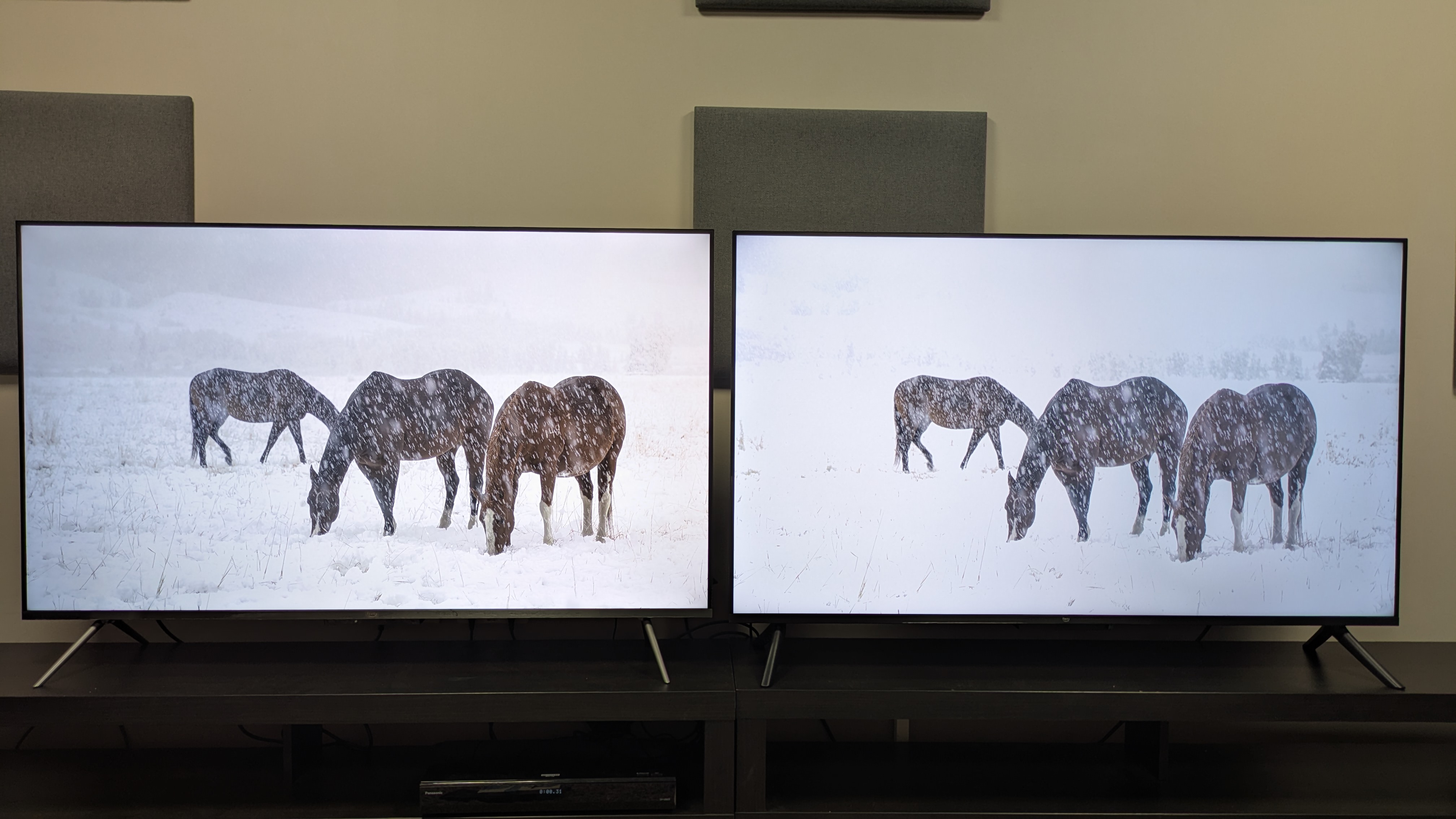 Amazon Ember QLED (left) and Amazon Ember 4-series (right) showing horses in a snowy field. With both TVs set to Filmmaker Mode, the 4-series shows signs of clipping and detail loss.