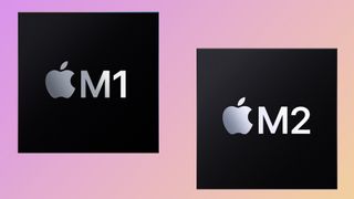 Apple M2 chip vs M1 side-by-side on pink/yellow background