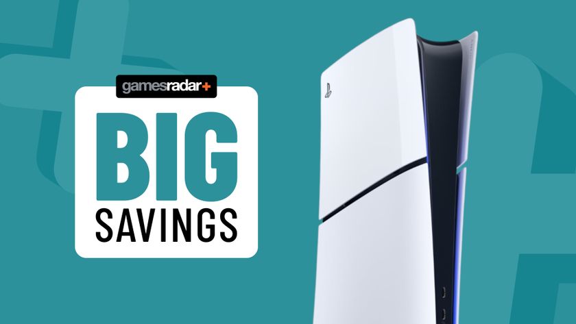 PS5 Slim console on a light blue background with big savings badge