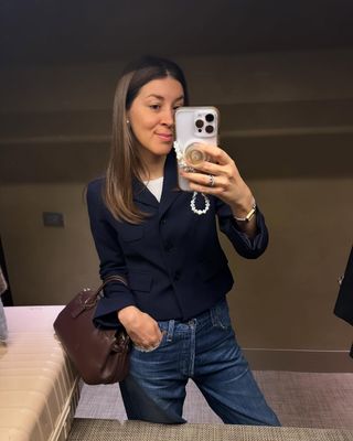 Judith Jones wearing a Mango navy cropped blazer