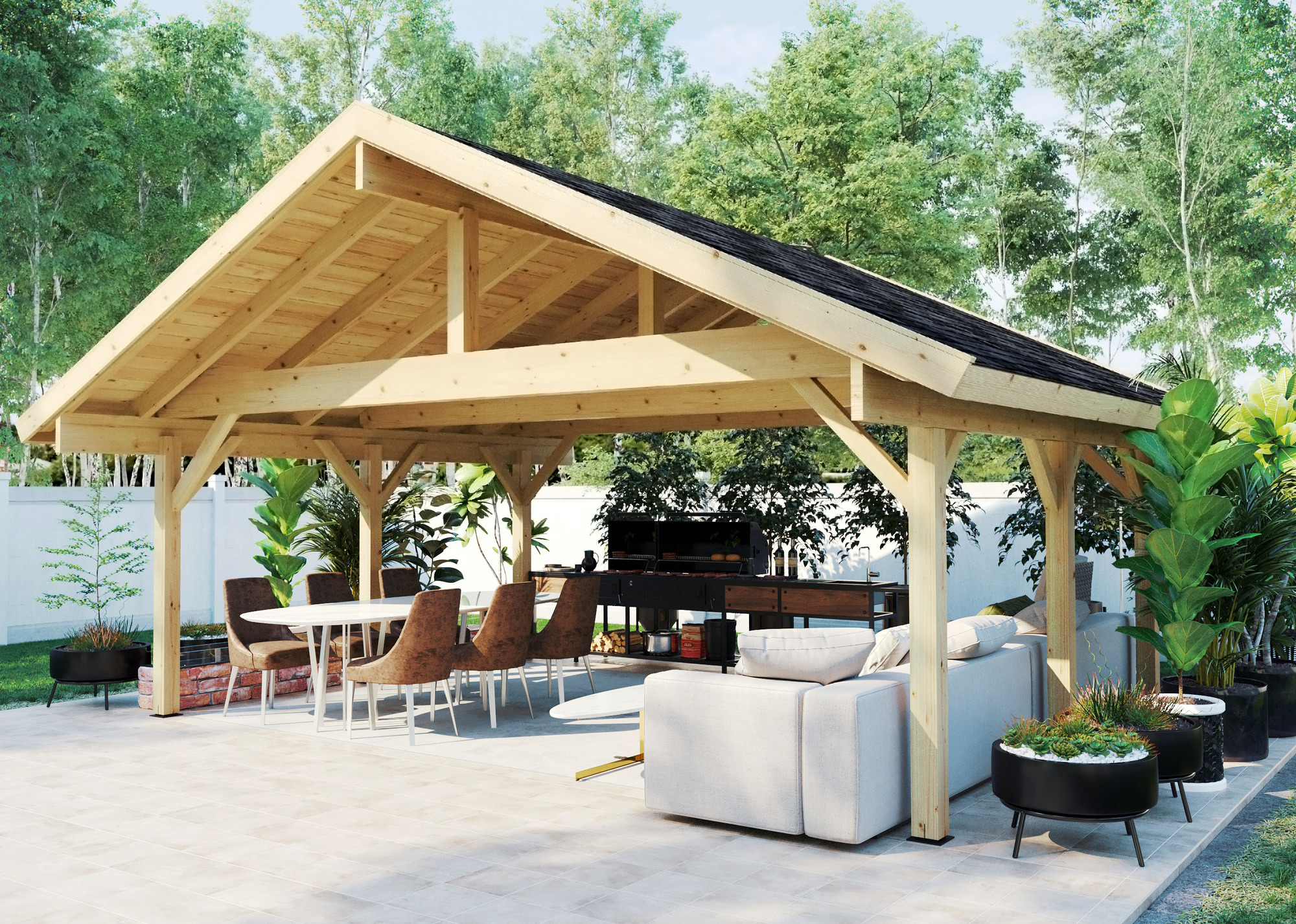 wooden garden gazebo over an outdoor kitchen, dining and lounge area