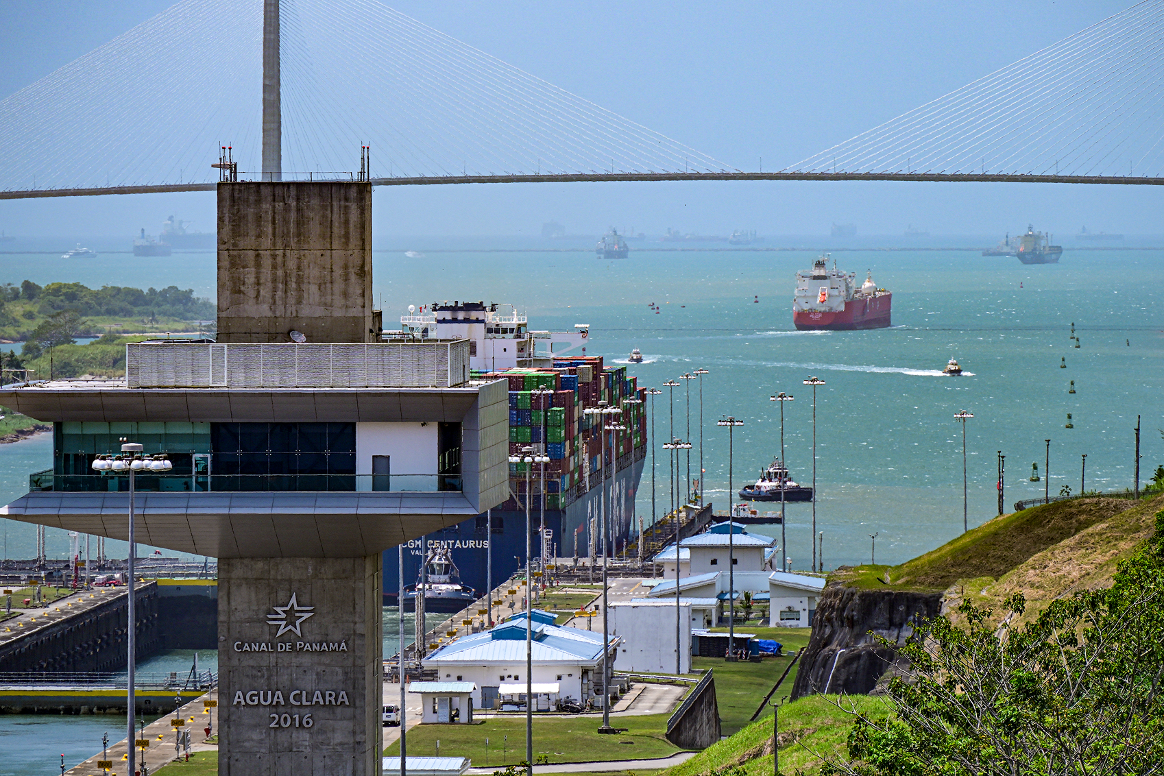 A cargo ship passes through the Panama Canal&#039;s Agua Clara locks on Gatun Lake in Colon, Panama, on April 14, 2024.