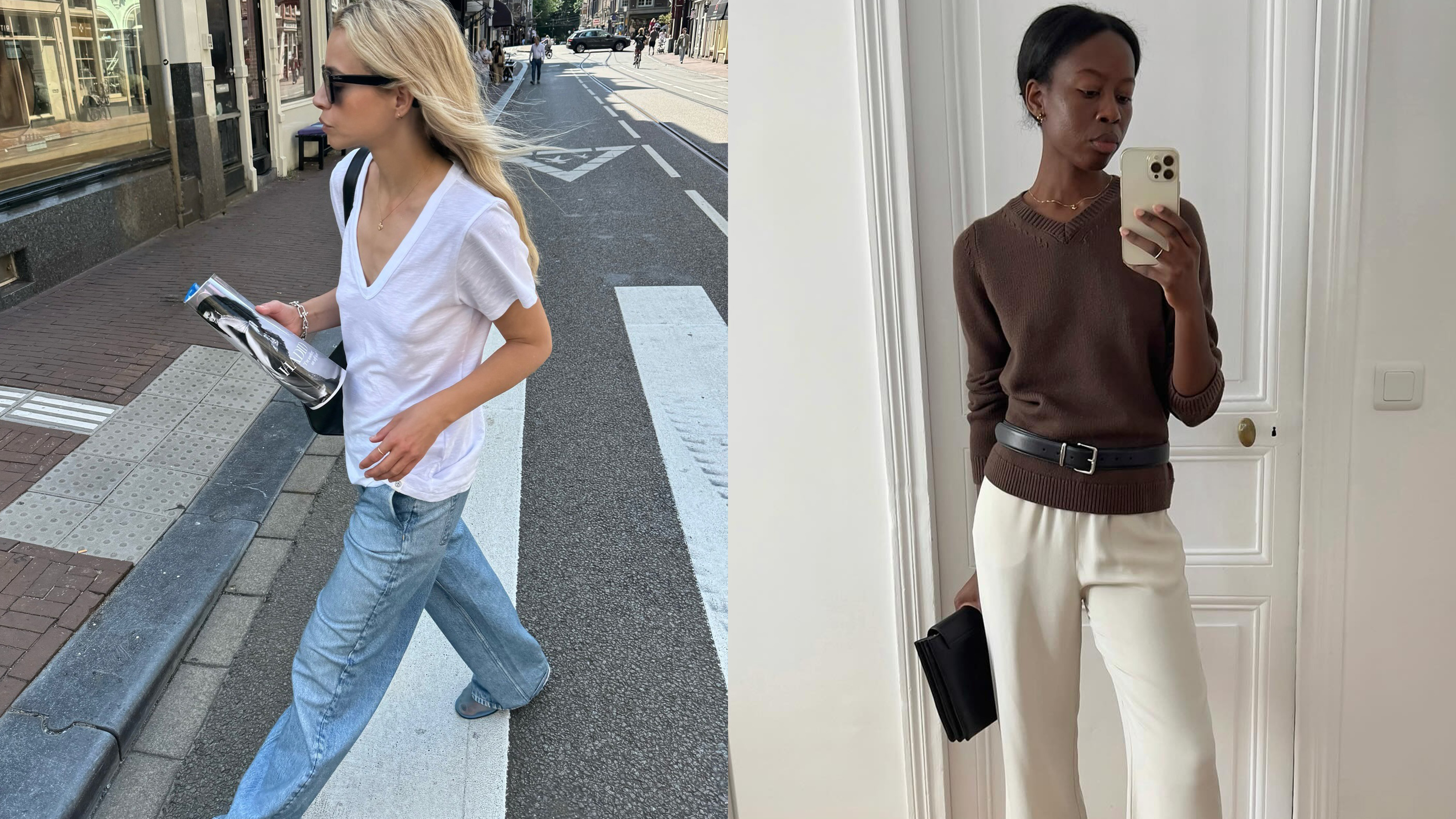 Stephanie Broek and Sylvie Mus wearing V-neck tops and sweaters.