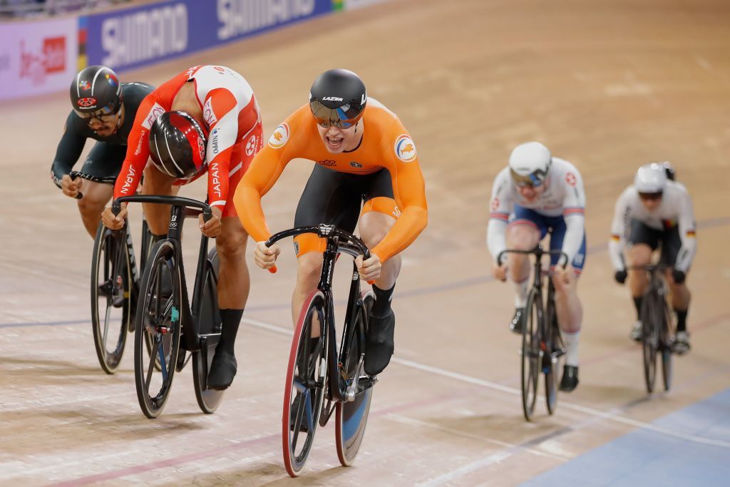 Netherlands Harrie Lavreysen C competes to win Gold in the mens 15 km Keirin final at the UCI track cycling World Championship at the velodrome in Berlin on February 27 2020 Photo by Odd ANDERSEN AFP Photo by ODD ANDERSENAFP via Getty Images