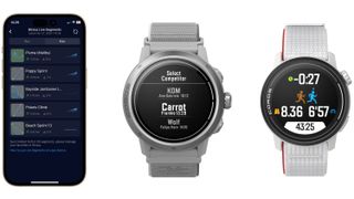 COROS' official renders showing its new Strava Live Segments tool: (left) starred live segments in the COROS mobile app; (center): A Select Competitor view on a COROS watch; (right) the Strava Live Segment view showing the runners current position relative to the target pace.