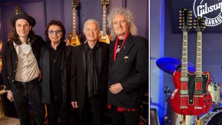 (from left to right) James Bay, Tony Iommi, Jimmy Page, and Brian May at the Gibson Garage London kickoff event on February 22, 2024, (right) Gibson's new Jimmy Page signature 1971 EDS-1275 double neck guitar