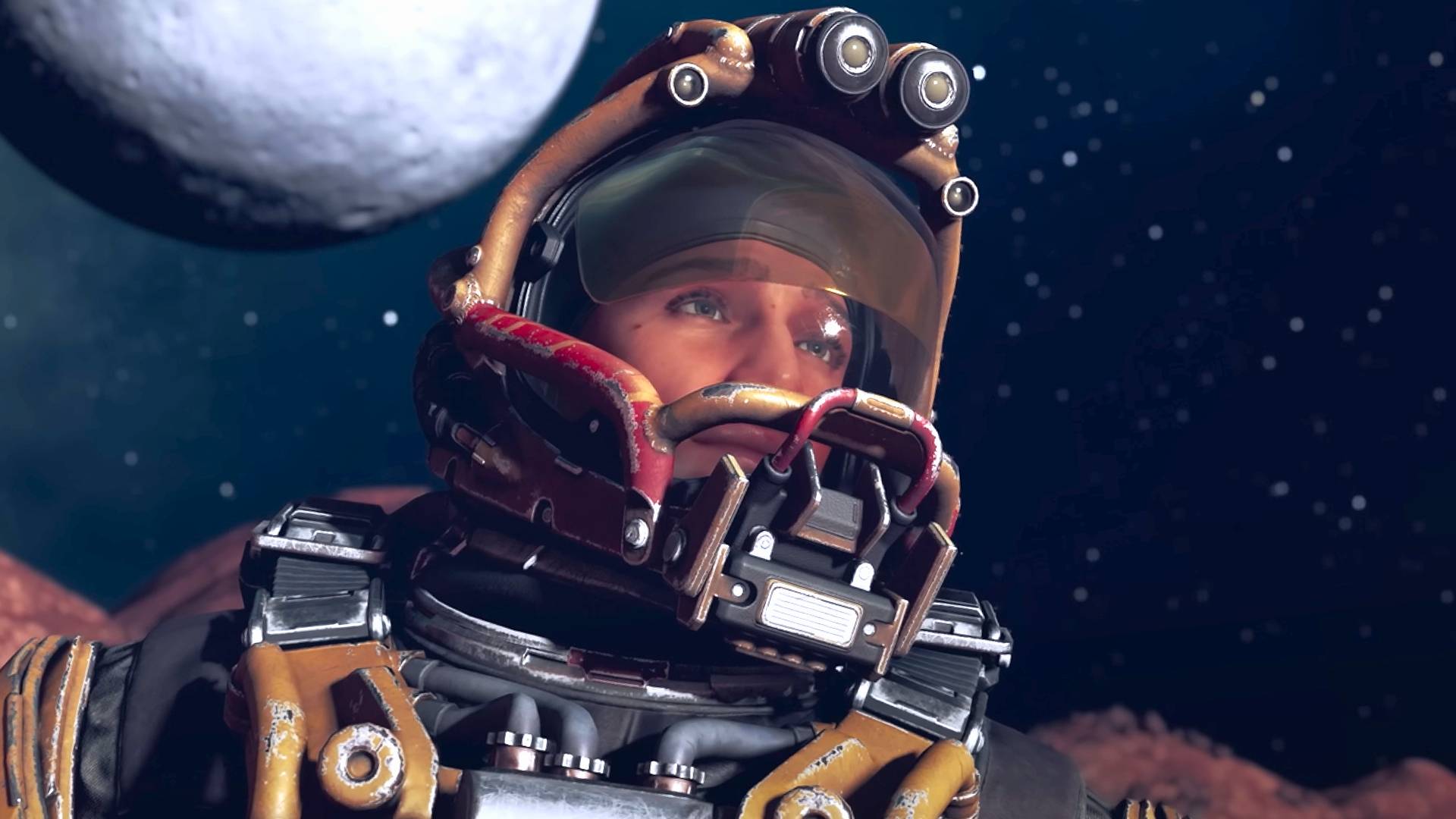 Starfield character wearing helmet with space backdrop