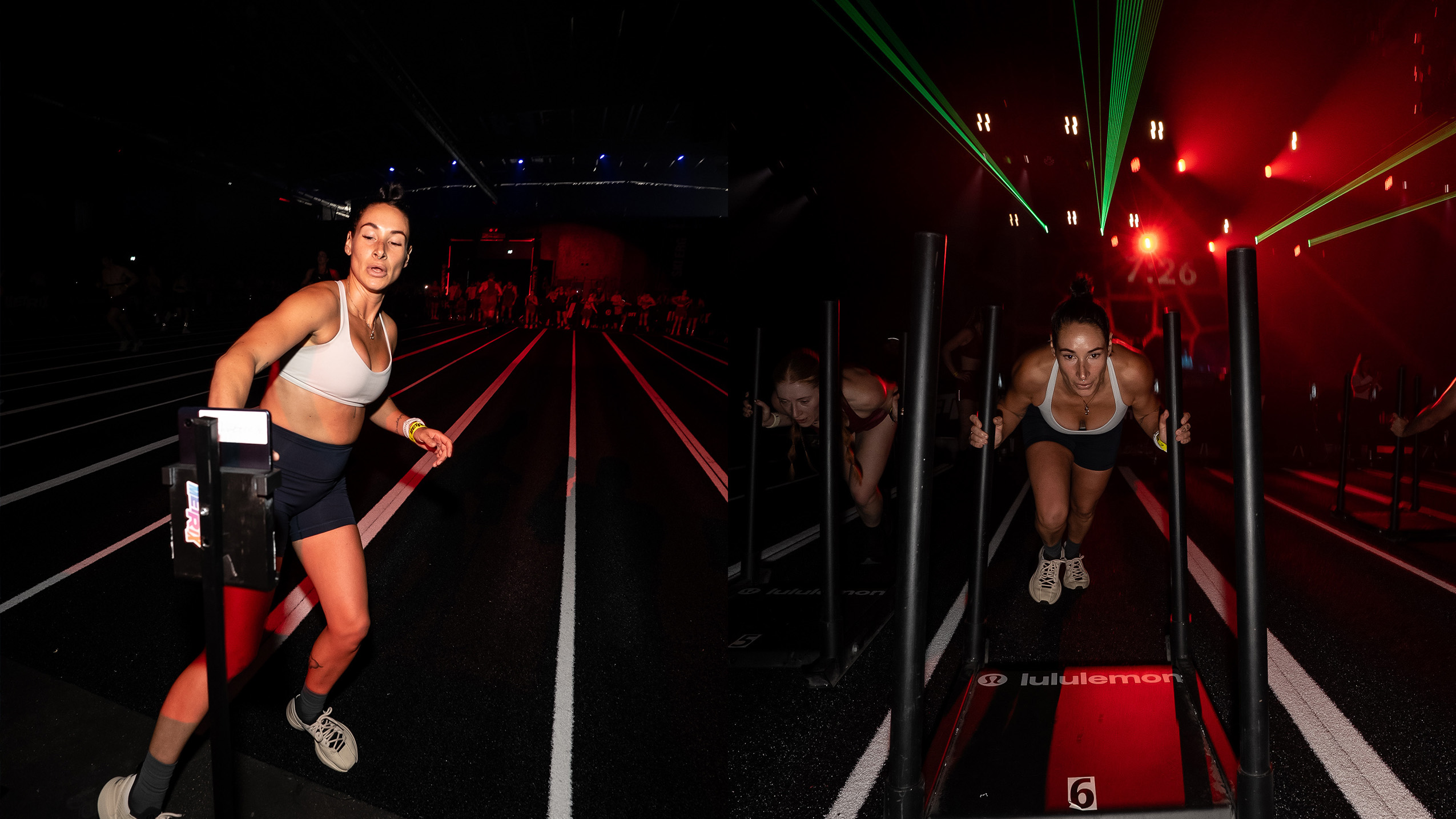Sam performing at Metrix comp, split screen of her tapping an iPad during a run and pushing a sled