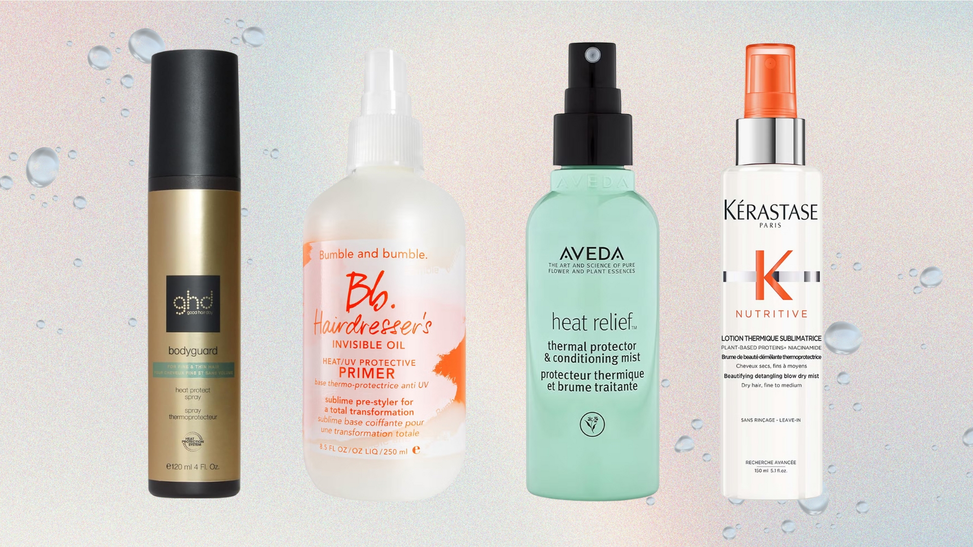Lineup of the best heat protection sprays (L-R) from ghd, Bumble and Bumble, Aveda and Kerastase, on a pastel watercolour background with droplets