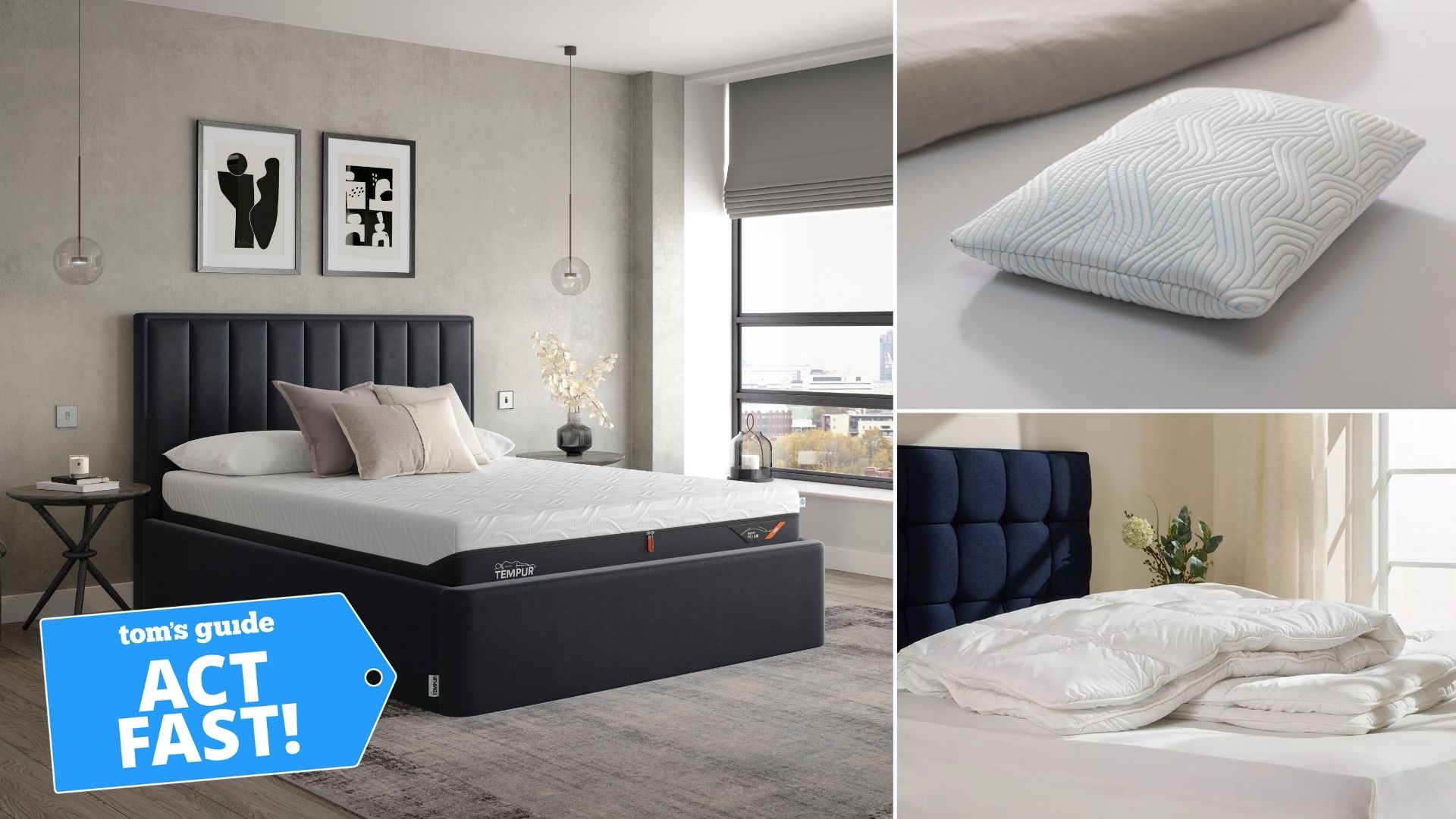 Collage of images including TEMPUR Pro Air SmartCool on grey bedframe (left). Cooling pillow (top right). Cooling white duvet on bed (bottom right). 