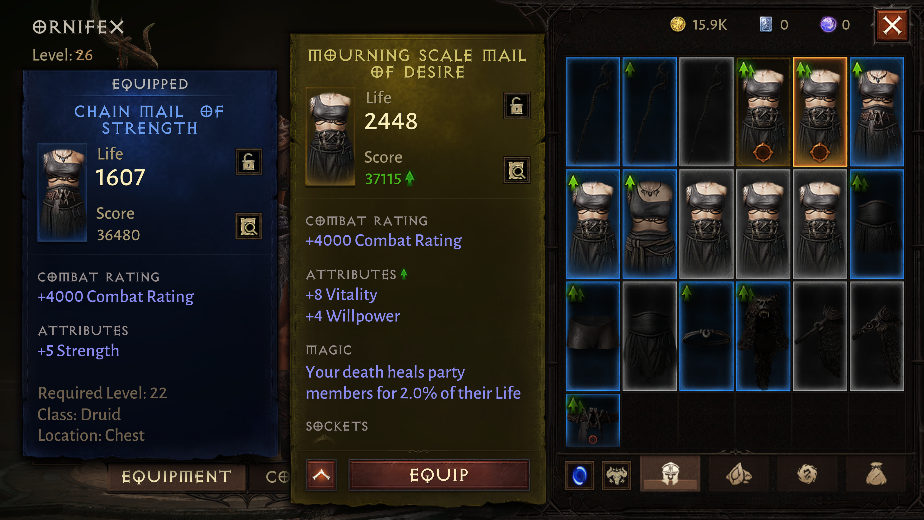 Diablo Immortal inventory screen with two chestpiece tooltips next to each other. One has a blue outline and the other has a yellow outline.