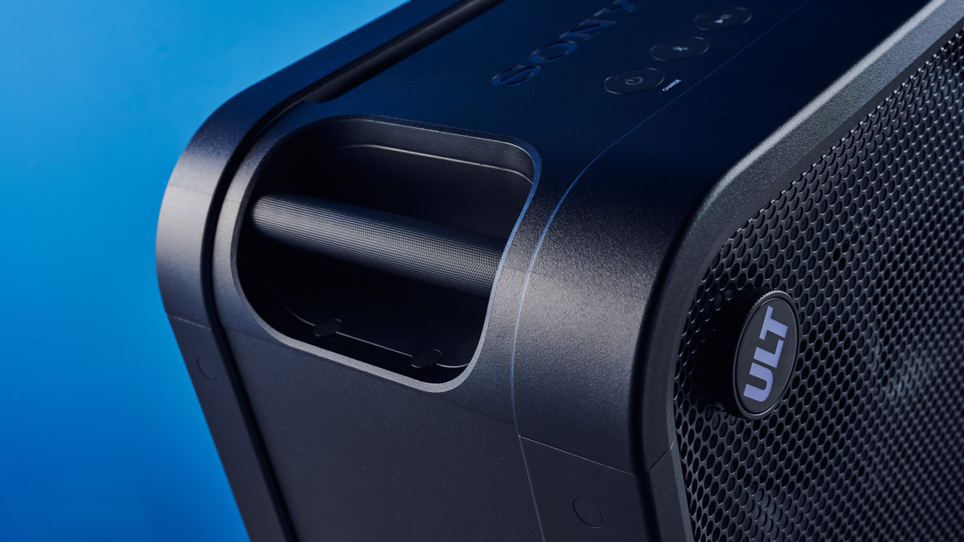A black Sony ULT Tower 5 portable party speaker
